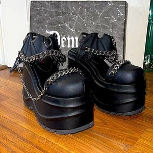 Demonia Black Platform Shoes with Silver Chains